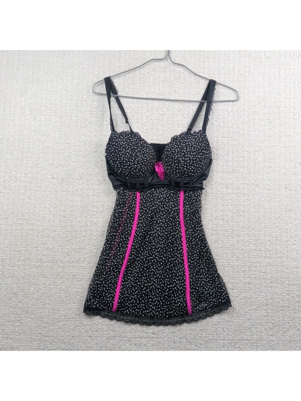 Y2K La Senza Beyond Cleavage Baby Doll Black Pink Polka Dot Coquette Glam Sz S